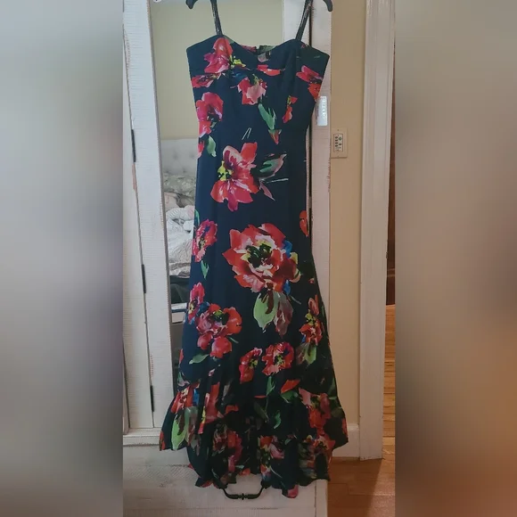 NWT - Shoshanna Midnight Navy And Red Floral Strapless High-Low Dress - Picture 4 of 9